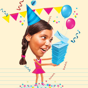 illustration of a young girl wearing a party hat holding a stack of envelopes