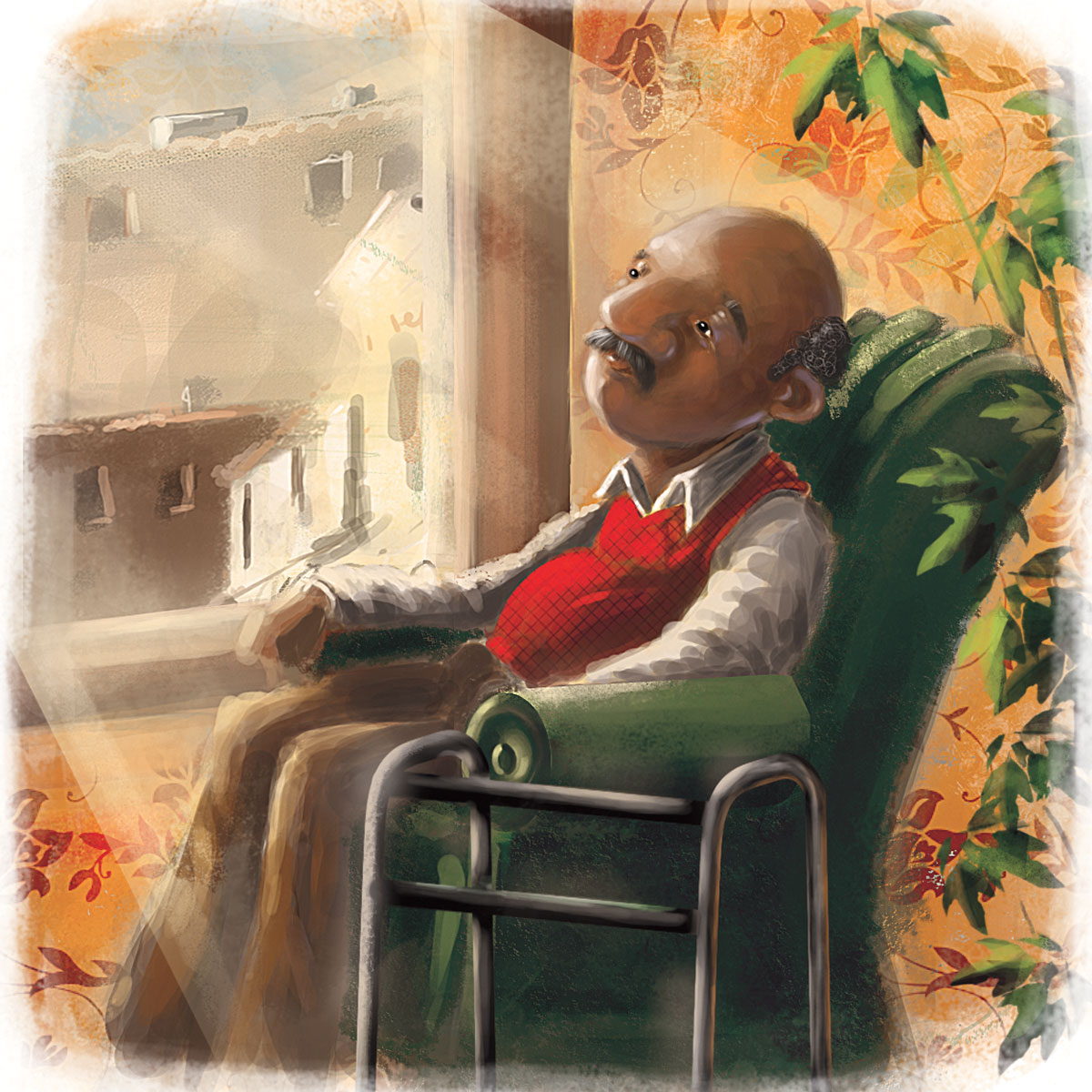 illustration of an old man in a chair looking out his window