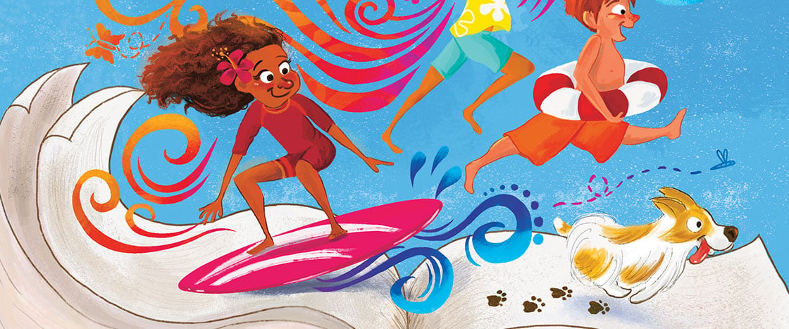 illustration of two kids and a dog surfing a wave made up of the pages of a book