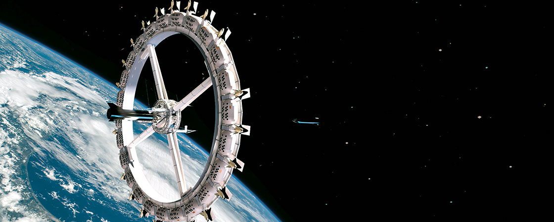 A large circular  hotel floating in space