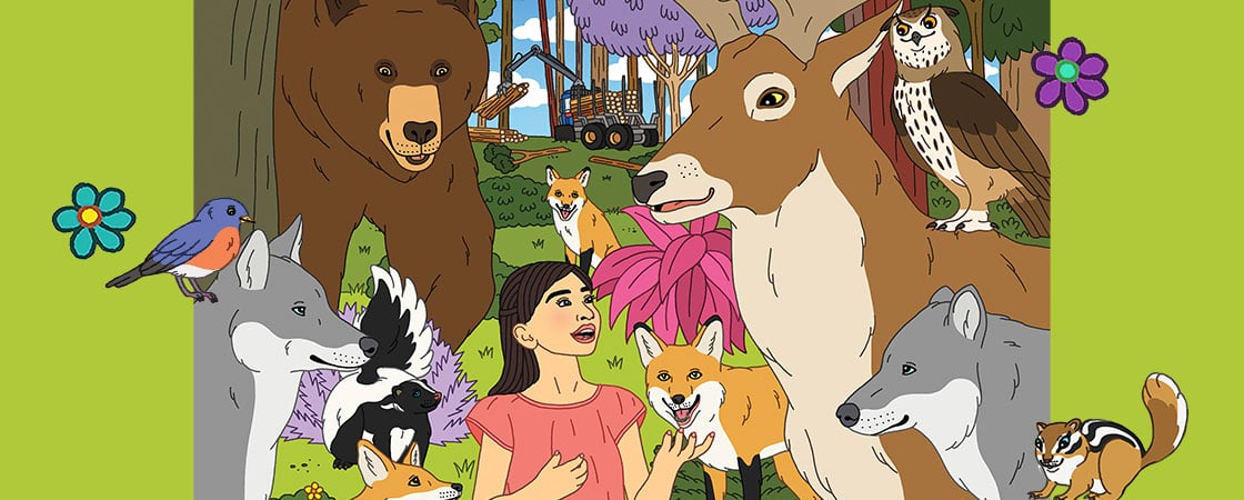 An illustration of a girl surrounded by animals friends