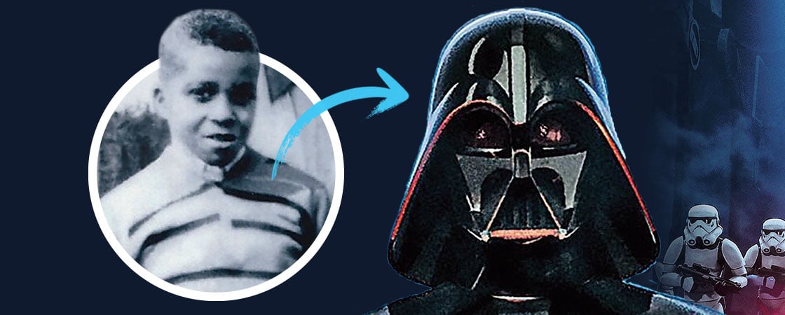 Darth Vader and a black and white photo of a young boy