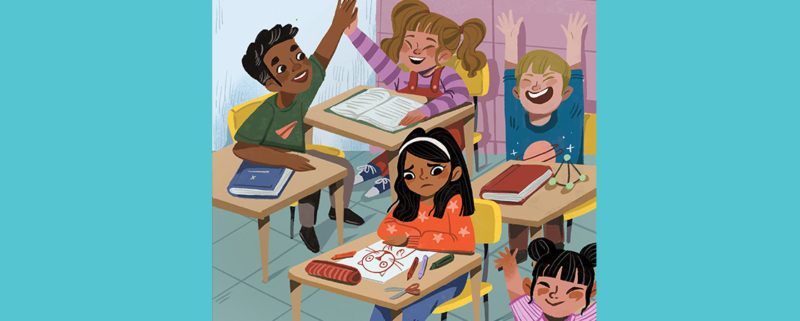 Illustration of excited students in their classroom but one is upset