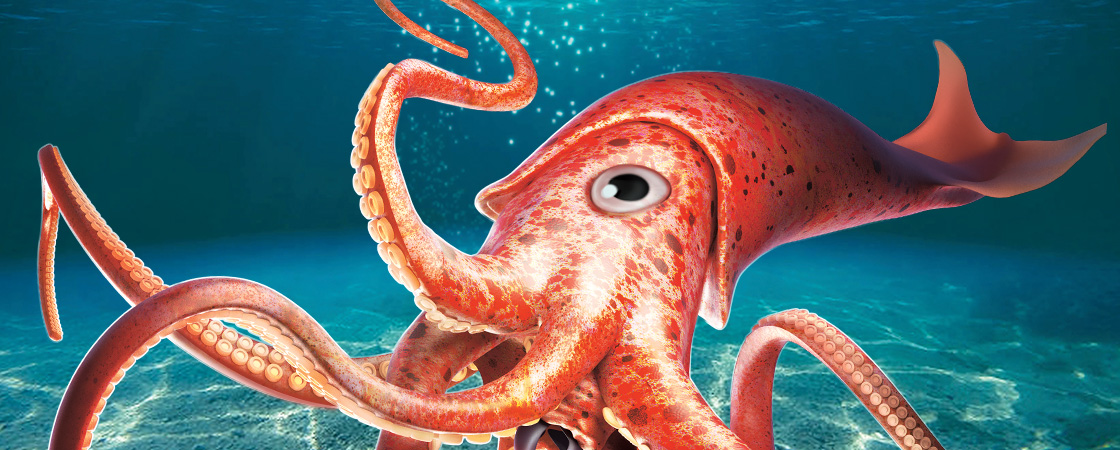 Illustration of giant red squid underwater