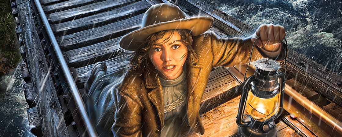 Illustration of a person in old timey clothes crawling on train tracks in the rain at night