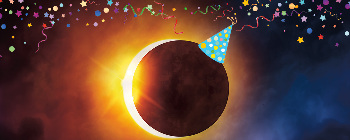 Image of a solar eclipse wearing a party hat