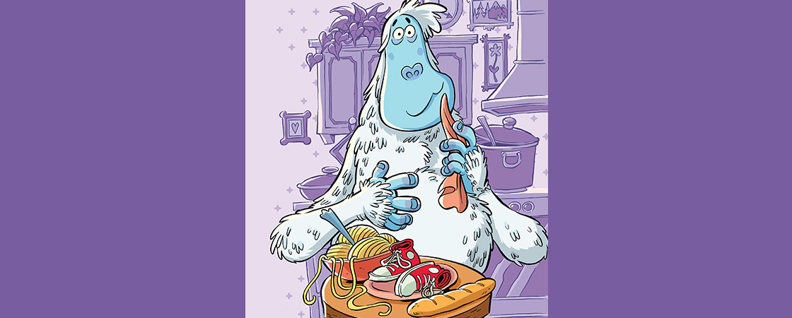 Illustration of a Yeti eating dinner