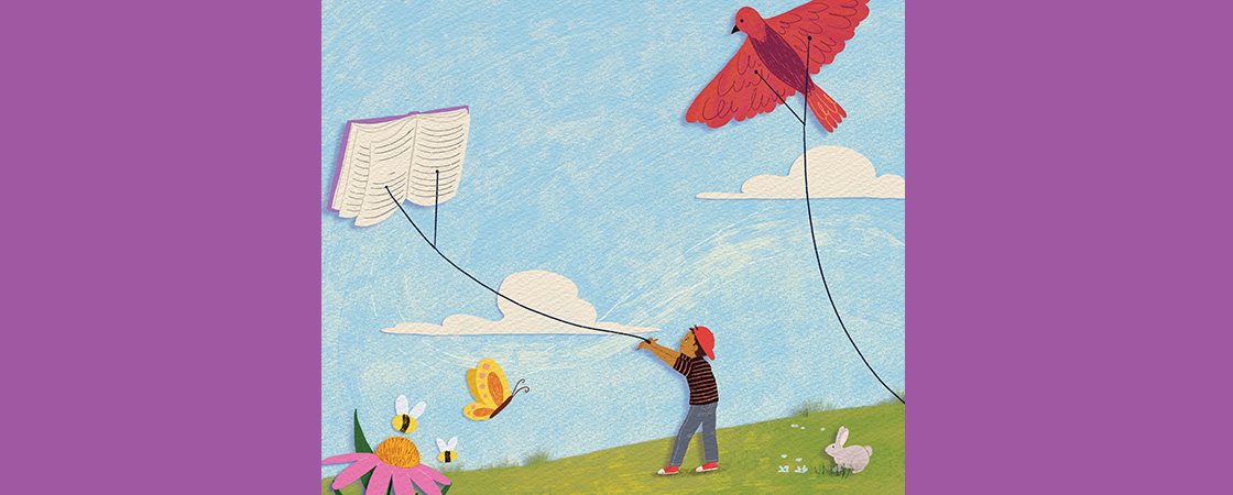 Illustration of a kid flying a kite that resembles a book