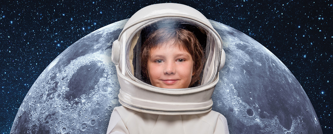 Image of kid astronaut with moon in the background